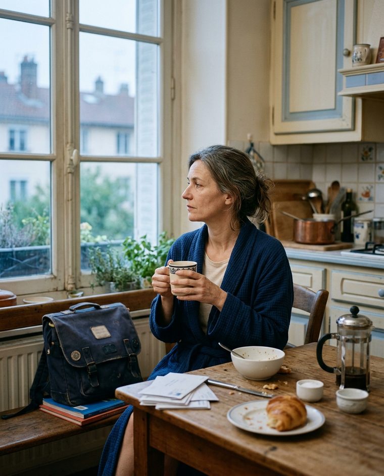 Une femme, le matin, à sa table de cuisine, une tasse de café entre les mains