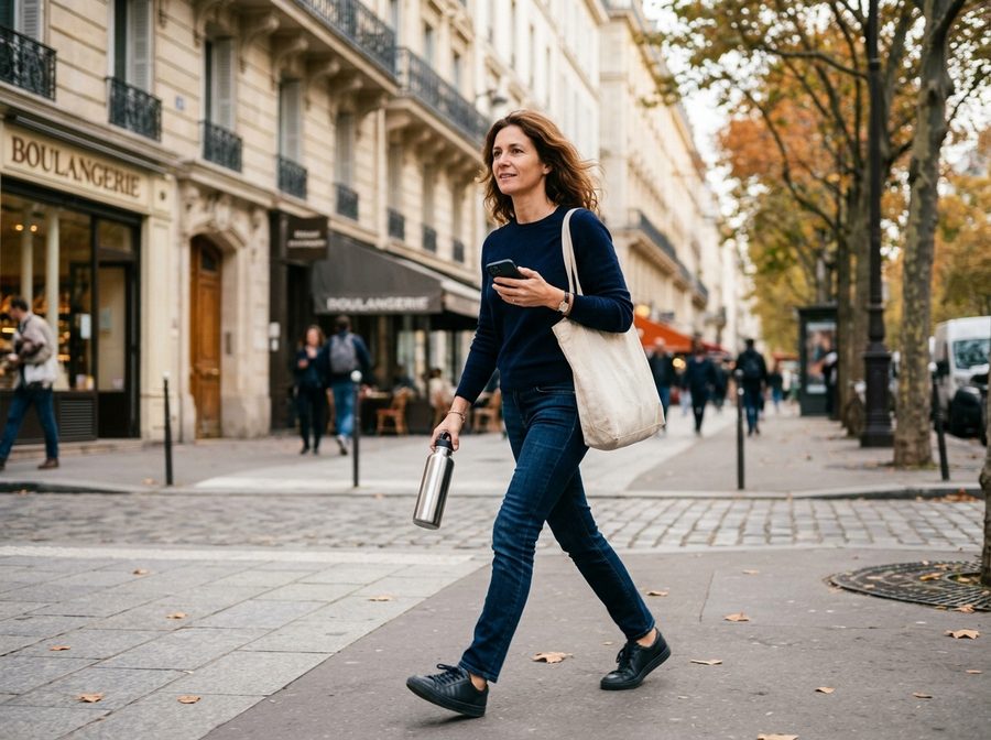 Marcher en ville, une gourde à la main