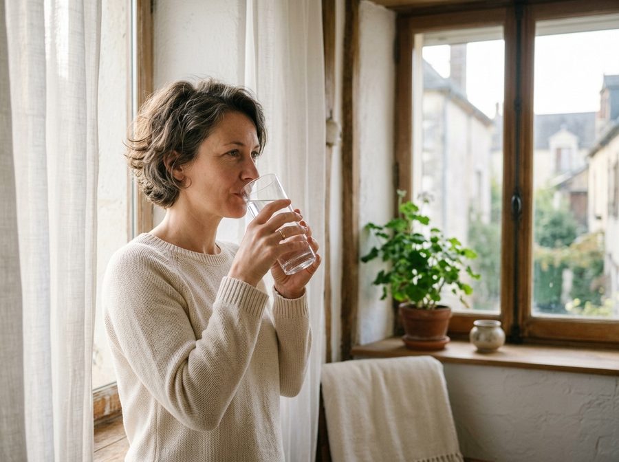 Un verre d'eau au réveil, devant la fenêtre