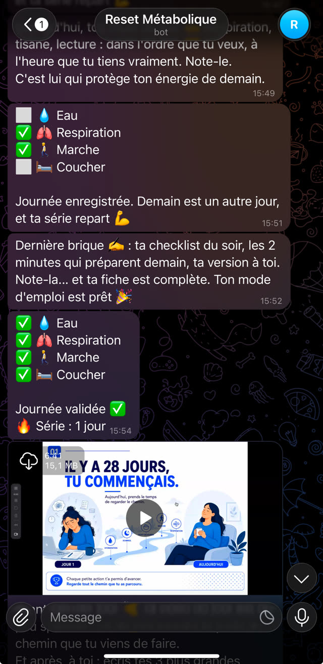 Le bilan du soir dans Telegram : eau, respiration, marche, coucher, journée validée, série en cours