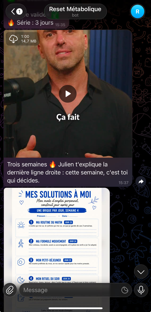 Le bot Reset Métabolique dans Telegram : une vidéo de Julien, la série de jours validés et la fiche « Mes solutions à moi »