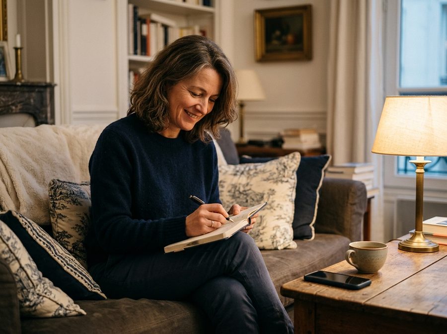 Le soir, téléphone posé, un carnet et une tisane